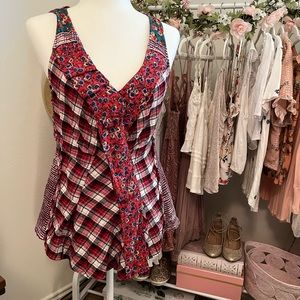 Anthropologie One September plaid floral tank top blouse size s small